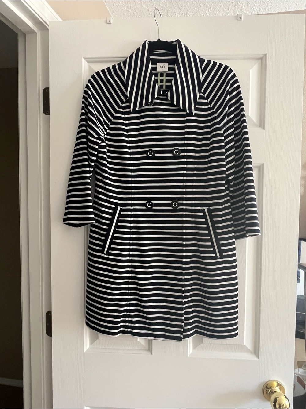 CAbi Black and White Striped Double-Breasted Pea Coat
